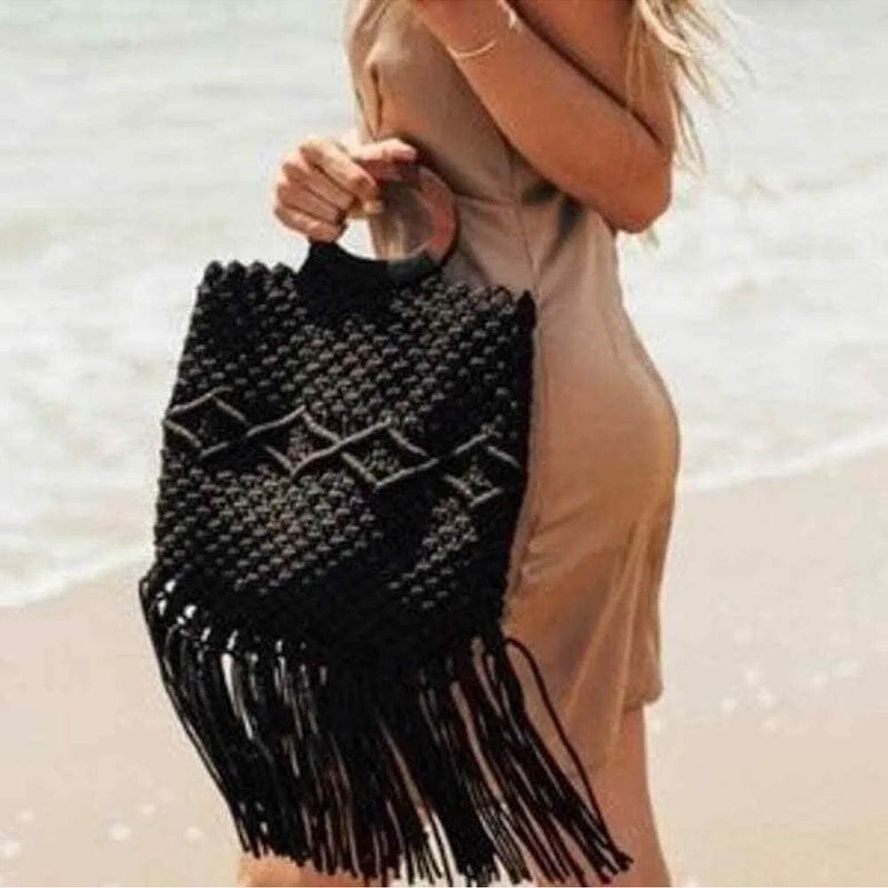 Danielle Nicole Macrame Handbag Black Fringe - image 3